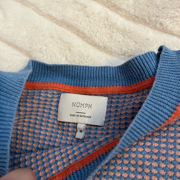 Numph Anthropologie Womens S/M Sweater Blue Pink Dotted Short Sleeve Cotton Wool - Picture 8 of 8